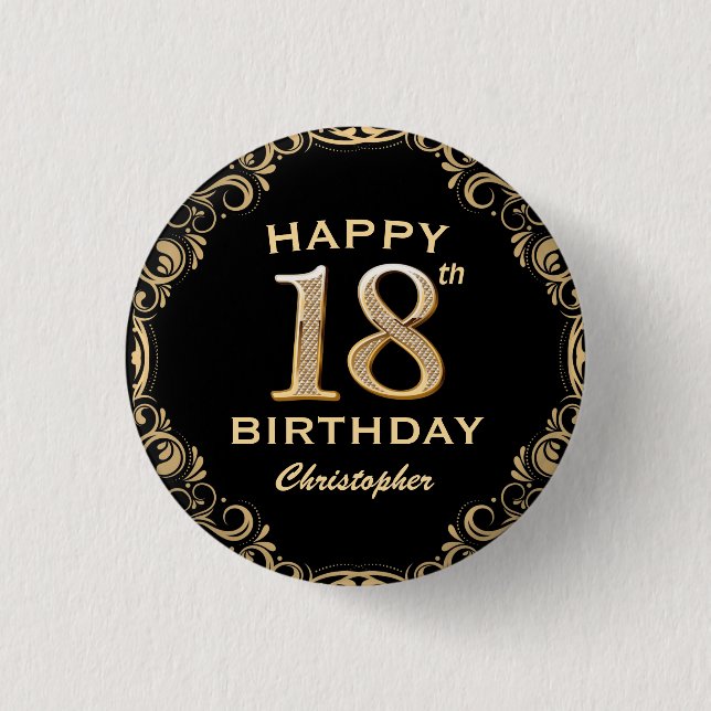 18th Birthday Party Black and Gold Glitter Frame 3 Cm Round Badge (Front)