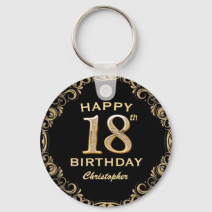 18th Birthday Party Black and Gold Glitter Frame Key Ring