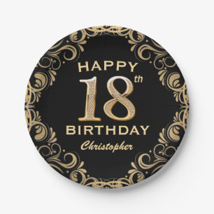 18th Birthday Party Black and Gold Glitter Frame Paper Plate