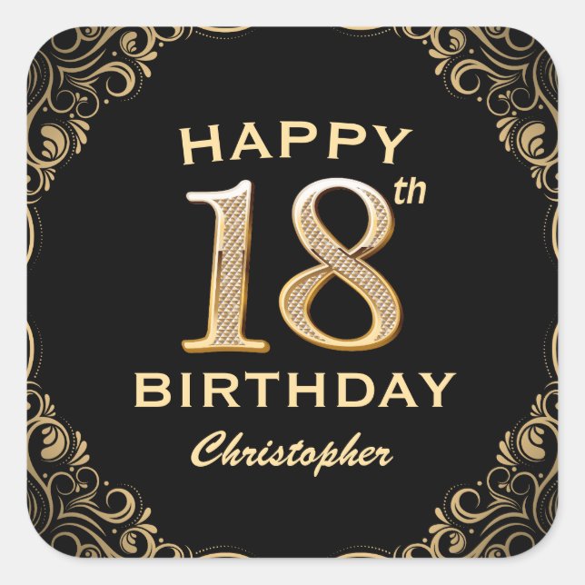 18th Birthday Party Black and Gold Glitter Frame Square Sticker (Front)