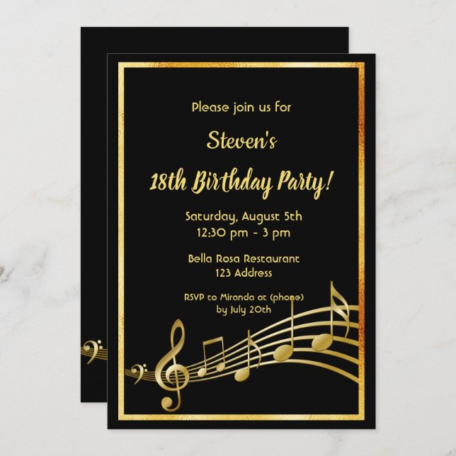 18th birthday party black and gold music notes invitation (Front/Back)