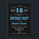 18th Birthday Party - Black Blue Invitation<br><div class="desc">18th Birthday Party Invitation.
Elegant black,  blue white retro design with chalkboard pattern and script font. Cheers to 18 years! Message me if you need further customization.</div>
