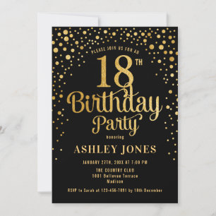 18th Birthday Party - Black & Gold Invitation