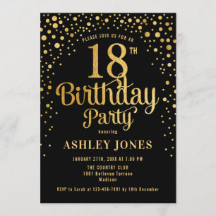18th Birthday Party - Black & Gold Invitation