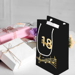 18th Birthday party black gold music notes name Small Gift Bag<br><div class="desc">Cool and elegant black background with faux gold music notes for a 18th birthday. Templates for the age 18 and name.  The name is written in a hand-lettered style script.  Golden letters and number.</div>