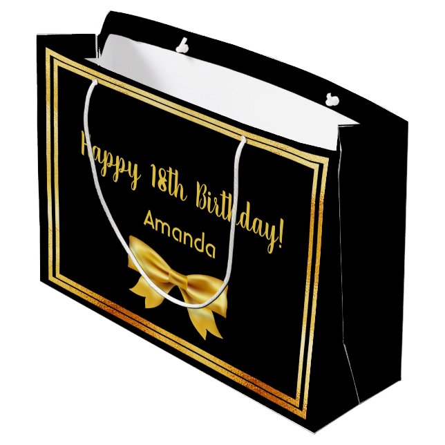 18th birthday party black gold name bow large gift bag (Back Angled)