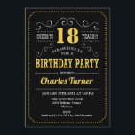 18th Birthday Party - Black Gold White Invitation<br><div class="desc">18th Birthday Party Invitation.
Elegant black,  gold white retro design with chalkboard pattern and script font. Cheers to 18 years! Message me if you need further customization.</div>
