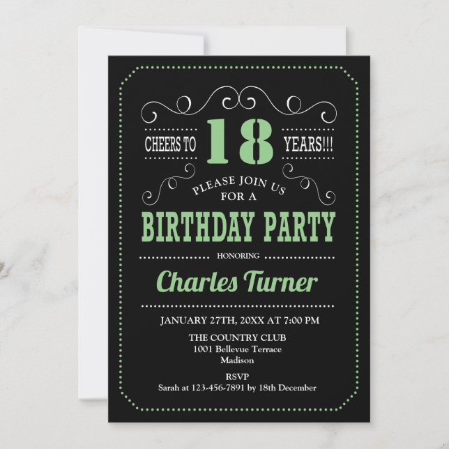 18th Birthday Party - Black Green Invitation (Front)