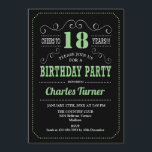 18th Birthday Party - Black Green Invitation<br><div class="desc">18th Birthday Party Invitation.
Elegant black,  green white retro design with chalkboard pattern and script font. Cheers to 18 years! Message me if you need further customization.</div>