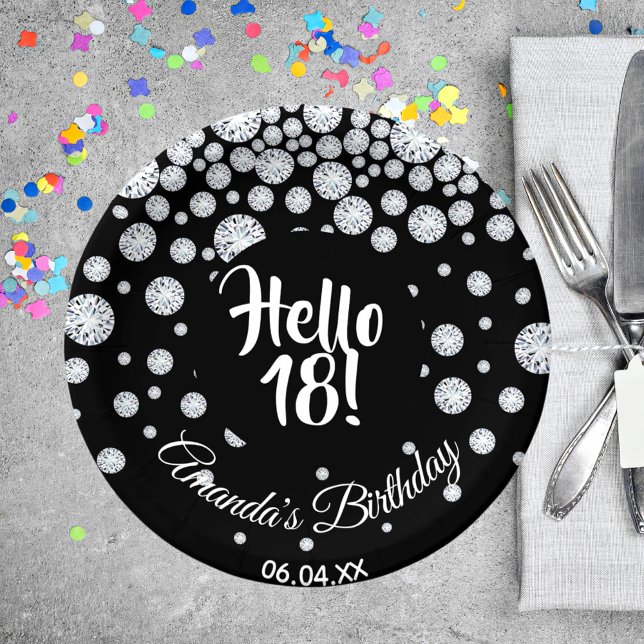 18th birthday party black hello 18 diamonds name paper plate (Creator Uploaded)