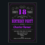 18th Birthday Party - Black Purple Invitation<br><div class="desc">18th Birthday Party Invitation.
Elegant black,  purple white retro design with chalkboard pattern and script font. Cheers to 18 years! Message me if you need further customization.</div>