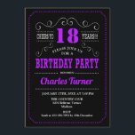 18th Birthday Party - Black Purple Invitation<br><div class="desc">18th Birthday Party Invitation.
Elegant black,  purple white retro design with chalkboard pattern and script font. Cheers to 18 years! Message me if you need further customization.</div>