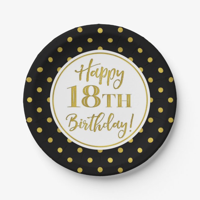 18th Birthday Party Black White Gold Dots Paper Plate (Front)