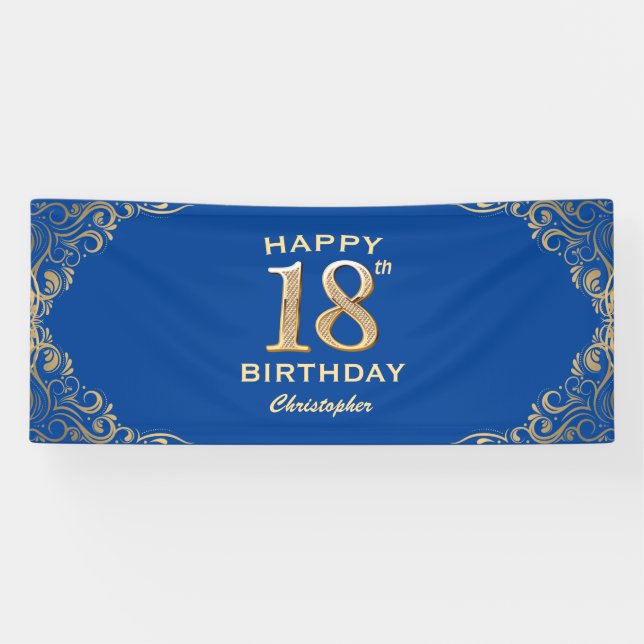 18th Birthday Party Blue and Gold Glitter Frame Banner (Horizontal)