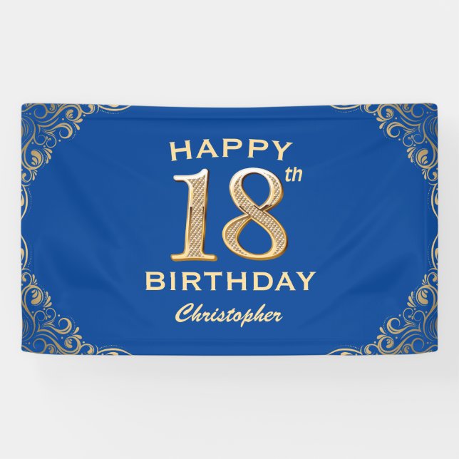 18th Birthday Party Blue and Gold Glitter Frame Banner (Horizontal)
