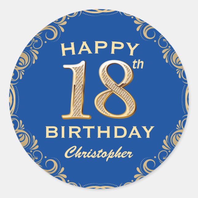 18th Birthday Party Blue and Gold Glitter Frame Classic Round Sticker (Front)