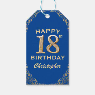 18th Birthday Party Blue and Gold Glitter Frame Gift Tags
