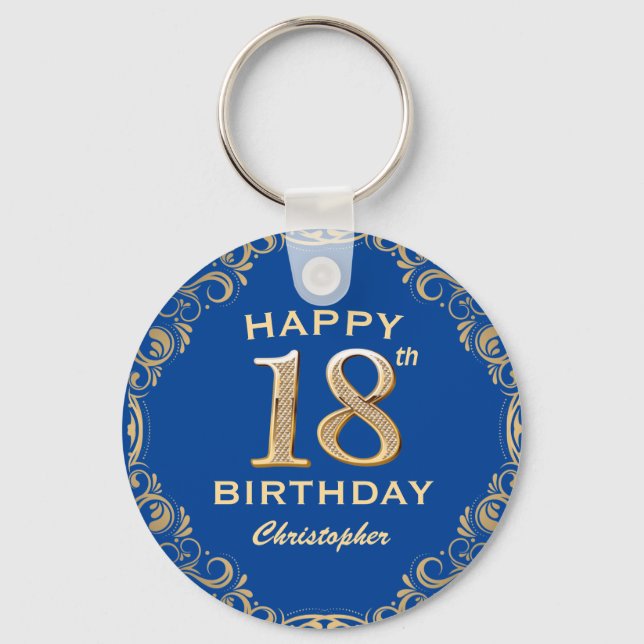 18th Birthday Party Blue and Gold Glitter Frame Key Ring (Front)