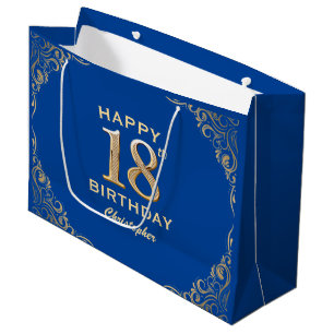 18th Birthday Party Blue and Gold Glitter Frame Large Gift Bag