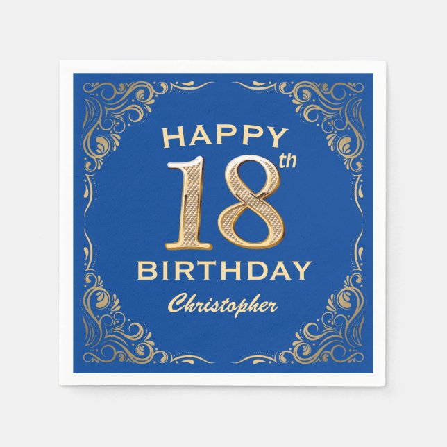 18th Birthday Party Blue and Gold Glitter Frame Napkin (Front)