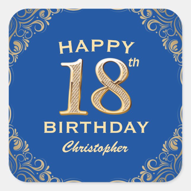 18th Birthday Party Blue and Gold Glitter Frame Square Sticker (Front)