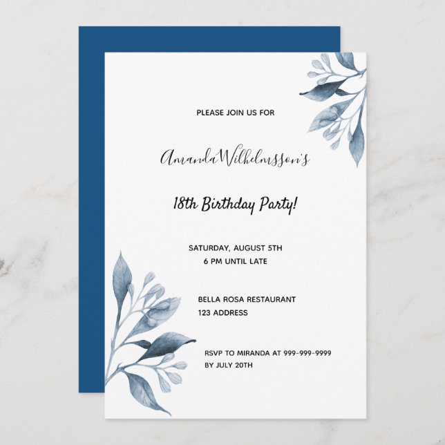 18th birthday party blue florals botanical invitation (Front/Back)