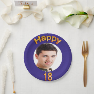 18th birthday party blue gold photo paper plate