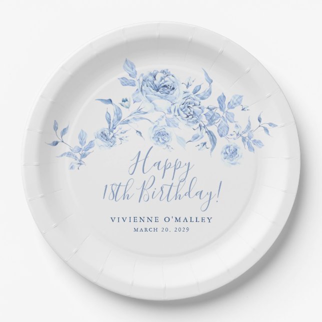 18th Birthday Party Blue Rose Floral Custom Paper Plate (Front)