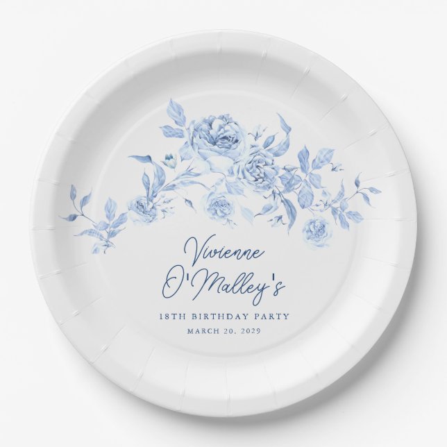 18th Birthday Party Blue Rose Floral Custom Paper Plate (Front)