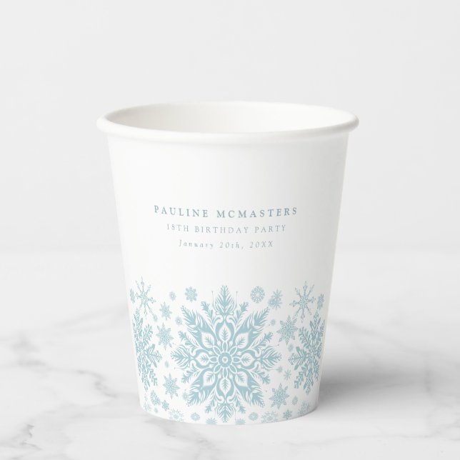 18th Birthday Party Blue White Snowflake Custom Paper Cups (Front)