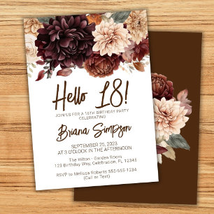 18th Birthday Party Brown Beige Flowers Floral Invitation