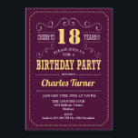 18th Birthday Party - Burgundy Gold Invitation<br><div class="desc">18th Birthday Party Invitation.
Elegant burgundy maroon and yellow gold retro design with script font. Cheers to 18 years! Message me if you need further customization.</div>
