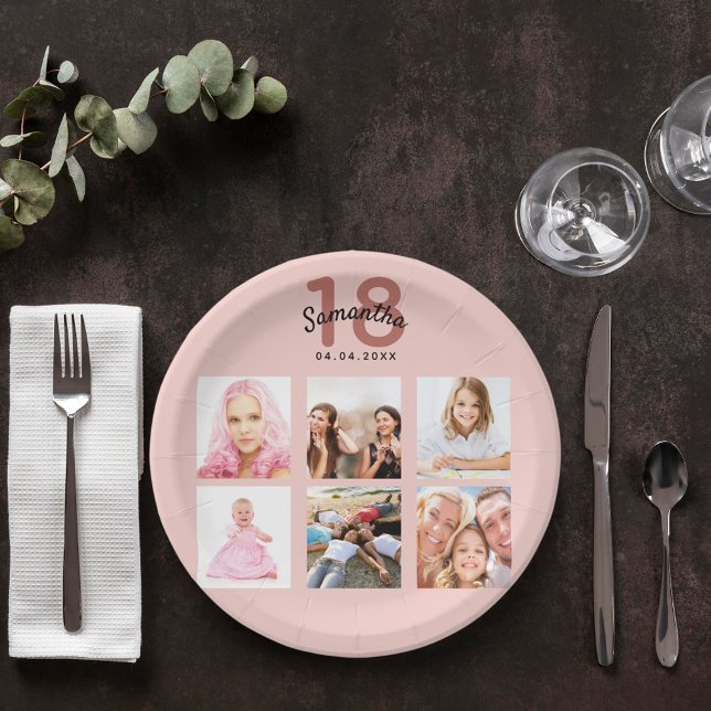 18th birthday party custom photo rose gold pink paper plate (Creator Uploaded)