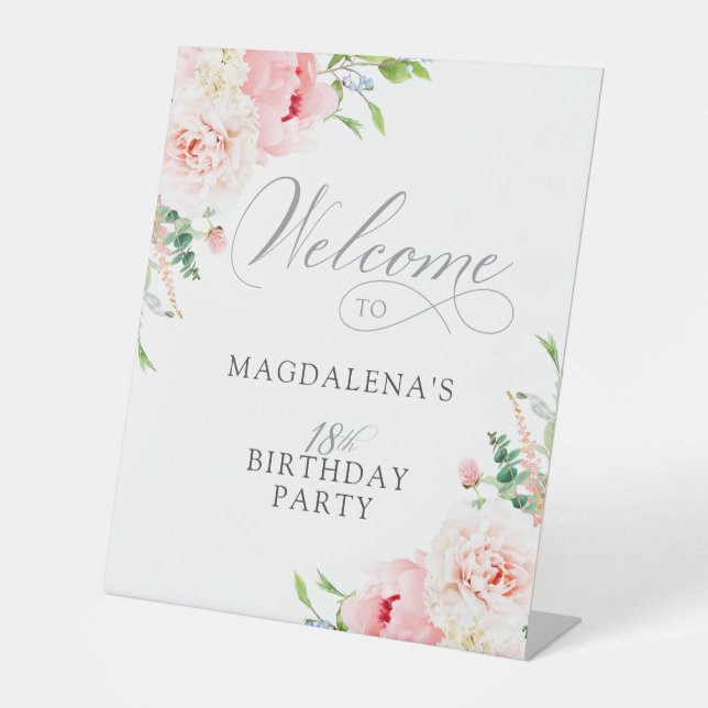 18th Birthday Party Elegant Pink Floral Welcome Pedestal Sign (Front)