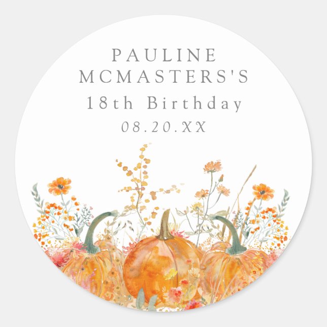 18th Birthday Party Fall Pumpkin Wildflower Custom Classic Round Sticker (Front)