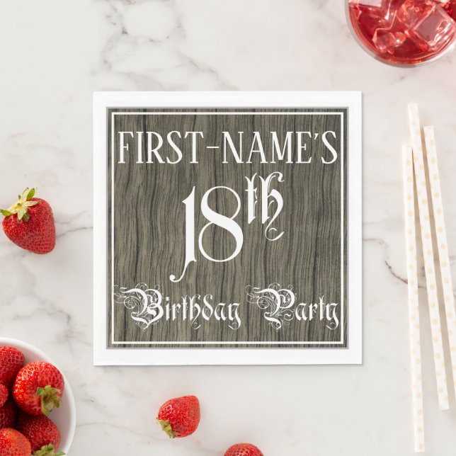 18th Birthday Party — Fancy Script, Faux Wood Look Napkin (Insitu)