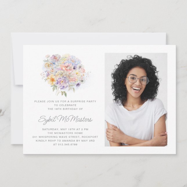 18th Birthday Party Flower Bouquet Photo Surprise Invitation (Front)
