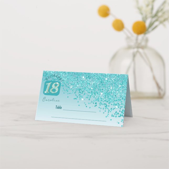 18th Birthday Party Glam Teal Blue Glitter Place Card (Front)