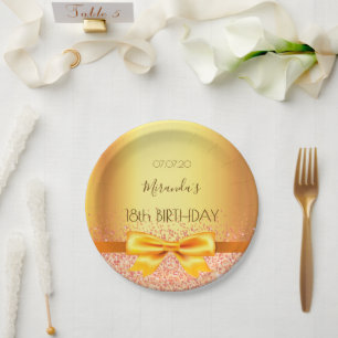 18th birthday party gold elegant bow name paper plate