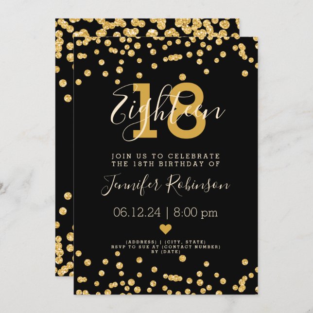 18th Birthday Party Gold Glam Glitter Lights Black Invitation (Front/Back)