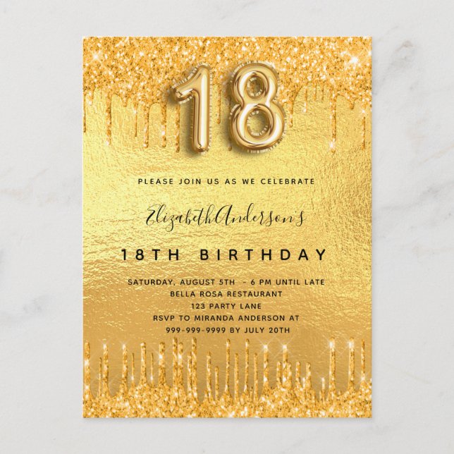 18th birthday party gold glitter drips  invitation postcard (Front)