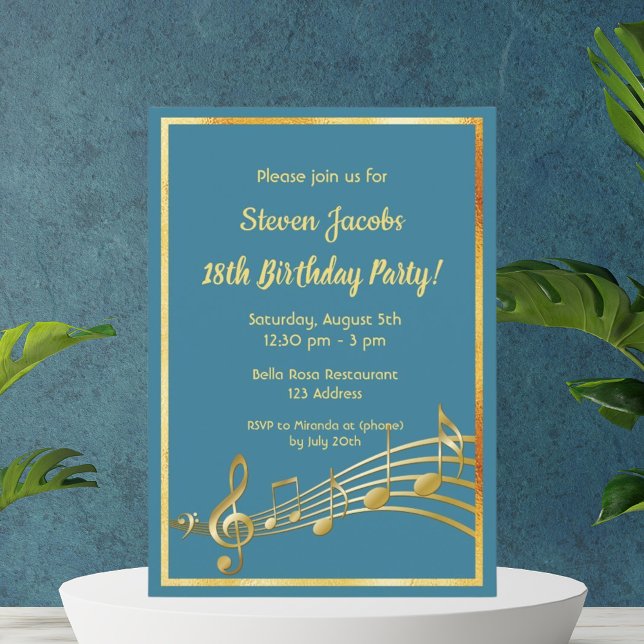 18th birthday party gold music notes teal blue invitation (Creator Uploaded)