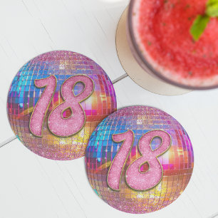 18th Birthday Party Gold Pink Glitter Disco Ball Round Paper Coaster