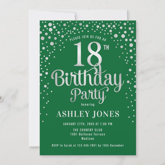 18th Birthday Party - Green & Silver Invitation (Front)