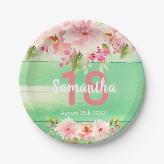18th birthday party green wood blush florals paper plate (Front)