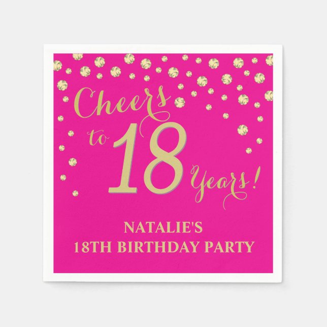 18th Birthday Party Hot Pink and Gold Diamond Napkin (Front)