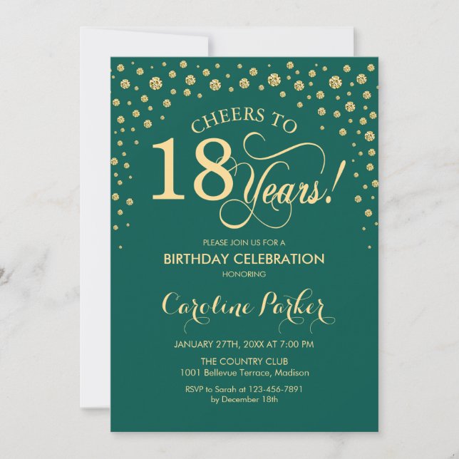 18th Birthday Party Invitation - Gold Green (Front)
