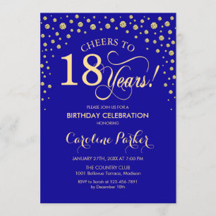 18th Birthday Party Invitation - Gold Royal Blue