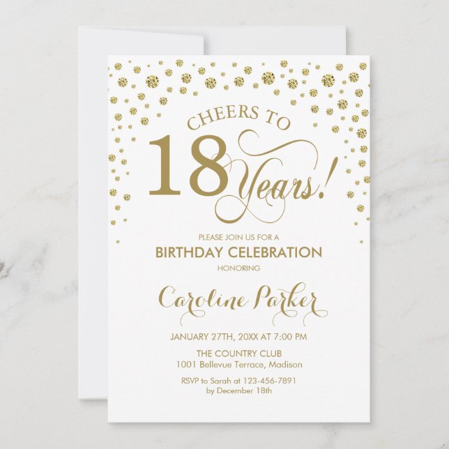 18th Birthday Party Invitation - Gold White (Front)