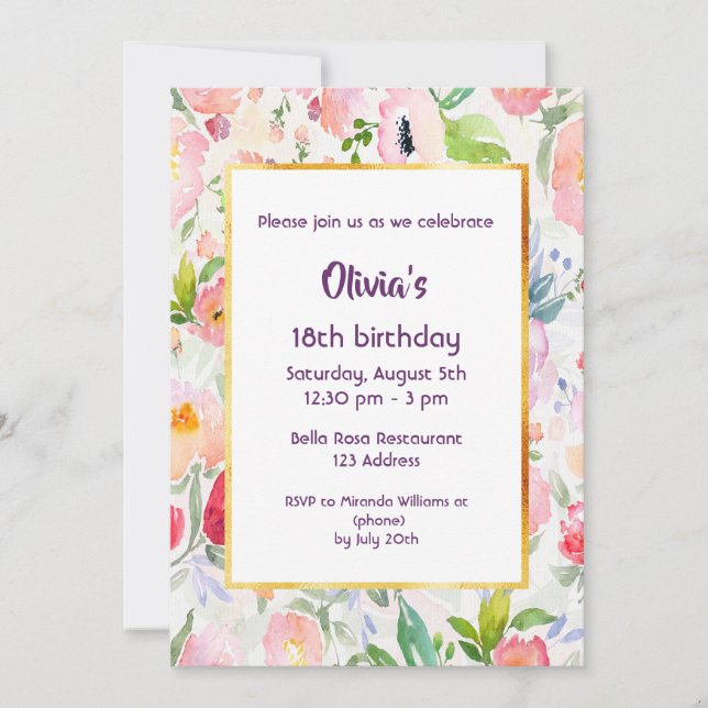 18th birthday party invitation pink flowers white (Front)